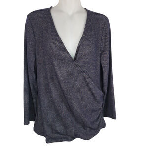 Ann Taylor Womens Metallic Top 3/4 Sleeve Faux Wrap Ruched V Neck Stretch Blue L